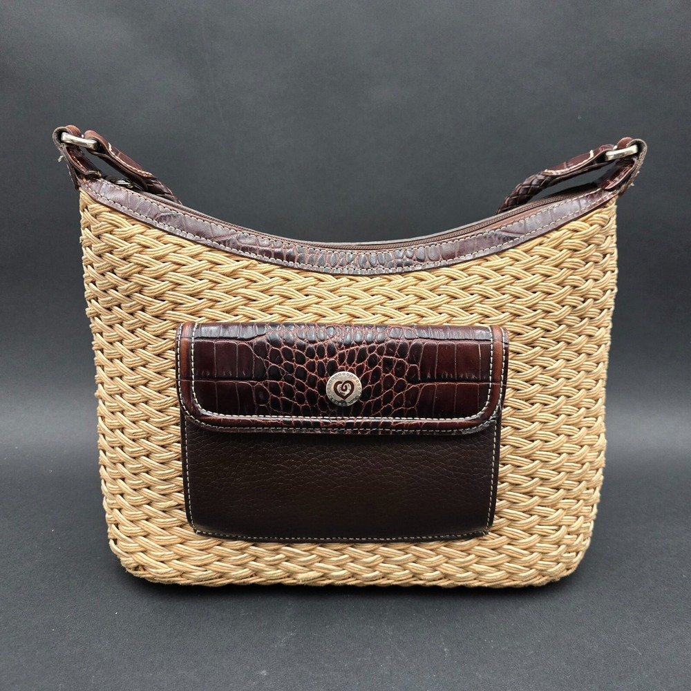 Brighton Purse Handbag Woven Exterior and Brown Leather Pocket and Trim Beach